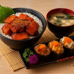 SET ปลาแซลมอนทอดซอสน้ำปลา (หวาน)+ ซุป + ซูชิรวมแซลมอนเบิร์น