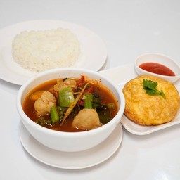 ข้าว+แกงป่าลูกชิ้นปลากราย+ไข่ฟูปู