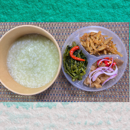 ข้าวต้ม+ผัดผักบุ้ง+ยำไชโป้ว+ปลาซิวกรอบ