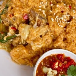 สุกี้แห้งผัก ไม่ใส่เนื้อสัตว์  โป๊ะหน้าไข่ข้น