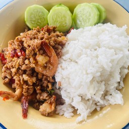 ข้าวกระเพราหมูสับ + กุ้ง