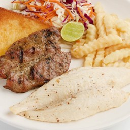 สเต๊กหมูสันคอพริกไทยดำ + สเต๊กปลาดอรีย่าง