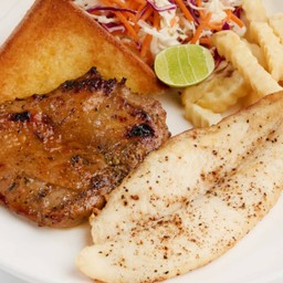 สเต๊กสะโพกไก่ทีเด็ด + สเต๊กปลาดอรีย่าง