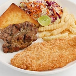 สเต๊กหมูสันคอพริกไทยดำ + สเต๊กปลาดอรีทอด