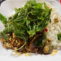 ไข่เยี่ยวม้ากะเพรากรอบราดข้าว