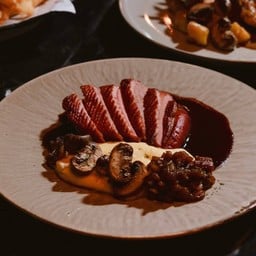 Smoked Duck Breast with Mashed Potatos, Smoked  Pineapple Chutney, Seared Mushrooms and Red Wine Sauce