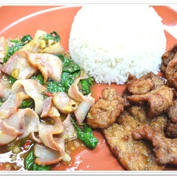 ข้าวกะเพราเบคอน + หมูทอดน้ำปลา