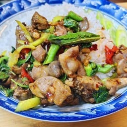 กะเพราเครื่องในไก่ราดข้าว