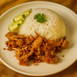 [อร่อยซ่ากับโค้ก] กับข้าว หมูทอดกระเทียมพริกไทย พร้อมต้มยำปลากระป๋อง +  โค้ก ออริจินัล (ขวด)