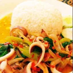 กระเพราปลาหมึกราดข้าว