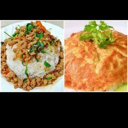กระเพราหมูสับราดข้าว+ข้าวไข่เจียวหมูสับ