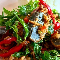 กระเพราไข่เยี่ยวม้าหมูสับราดข้าว