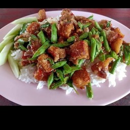 ผัดพริกแกงหมูกรอบราดข้าว