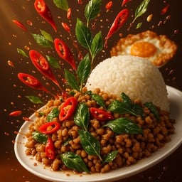 ข้าวกะเพราเนื้อ เผ็ดปอเอก + ไข่ดาว