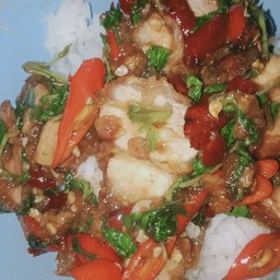 กระเพราหมูกรอบราดข้าว 40 บาท