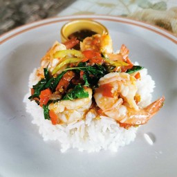 กระเพรากุ้งราดข้าว