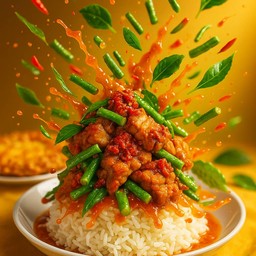 ข้าวพริกแกงหมูกรอบ เผ็ดปอเอก + ไข่ดาว