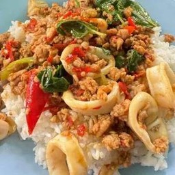 ข้าวกะเพราหมูสับปลาหมึก