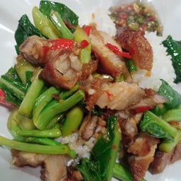 ผัดคน้าใส่หมูกรอบราดข้าว