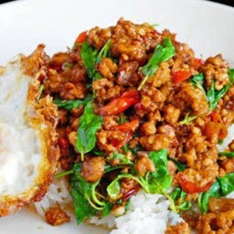 กระเพราหมูสับราดข้าว