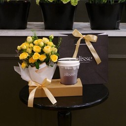 MiniSet  Pot Yellow Roses with Drink - กุหลาบพวงสีเหลือง