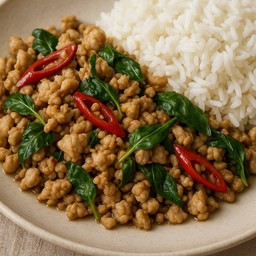 ข้าวราดกะเพราไก่ไม่หนัง  ผัดน้ำ ไม่ใส่น้ำมัน