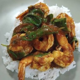 Rice Topped Stir Fried Red Curry Paste With Shrimp