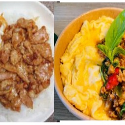 เซตคู่ ข้าวไข่ข้นกระเพราไก่สับ+ข้าวไก่กระเทียมไข่ดาว
