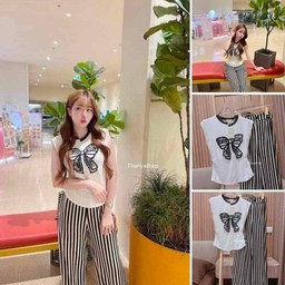 ชุดเซ็ต2ชิ้น เสื้อโบว์แขนกุดน่ารัก เกงลายทางเอวสม็อก