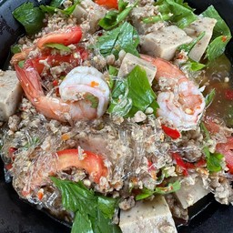 ยำวุ้นเส้นหมูสับ+หมูยอ+กุ้ง