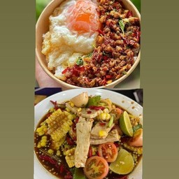 ข้าวไข่กระเพราหมูสับ + ตำ ข้าวโพดหมูยอ