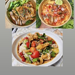 หมี่หยกไก่เทอริยากิ+ ข้าวไข่ข้น ยำปลากระป๋อง + ตำ ขนมจีนแคปหมู