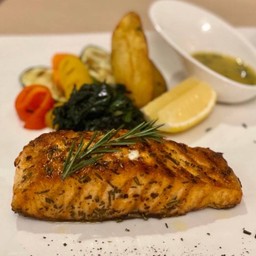 Grilled Salmon Steak with Caper White Wine  Sauce