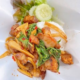 กะเพราหมูกรอบเยอรมัน+หน่อไม้ป่าเบงกอล