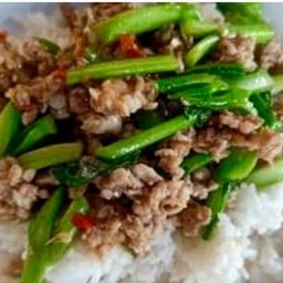 ผัดคะน้าหมูสับราดข้าว