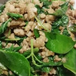 ข้าวหน้ากระเพราหมูสับพริกขี้หนูสวนใส่ใบมะกรูด