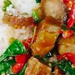 กระเพราหมูกรอบราดข้าว