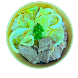 ข้าวราดกะหล่ำปลีผัดน้ำปลา + หมูทอด