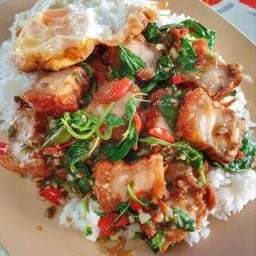 อังเปาไข่เจียว(กระเพราตามสั่งลูกชิ้นทอด) ข้างม.
