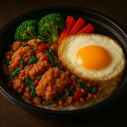 ข้าวกระเพราไก่กรอบไข่ดาวข้าวญี่ปุ่น