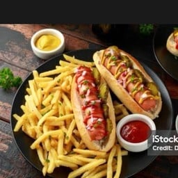Twin chorizo and Bratwurst Hotdogs with 2 French Fries