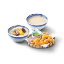 น้ำเต้าหู้ทรงเครื่องร้อน+น้ำเต้าหู้ร้อนธรรมดา+ปาท่องโก๋สังขยา