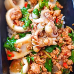 กะเพราหมูสับ+ปลาหมึก