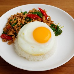 ข้าวผัดกระเพราเลือกเนื้อเพิ่มไข่ด้านใน