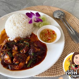ผัดพริกเผาหมูราดข้าว