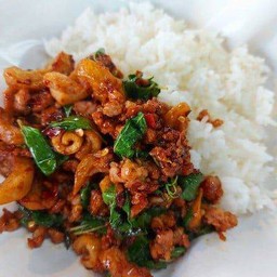 กระเพราหมูสับ+กากหมูราดข้าว