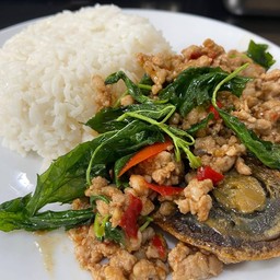 กะเพราไข่เยี่ยวม้าราดข้าว