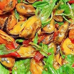 เนื้อหอยแมงภู่ผัดใบโหระพาราดข้าว