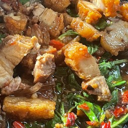 Stir-fried Basil with Crispy Pork Belly on Rice