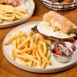 Pesto Eggs and Crispy Mortadella Sandwich